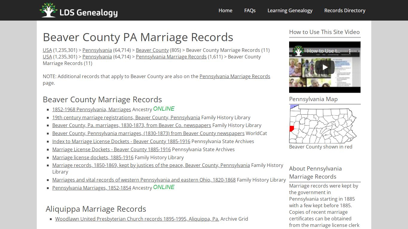Beaver County PA Marriage Records - LDS Genealogy