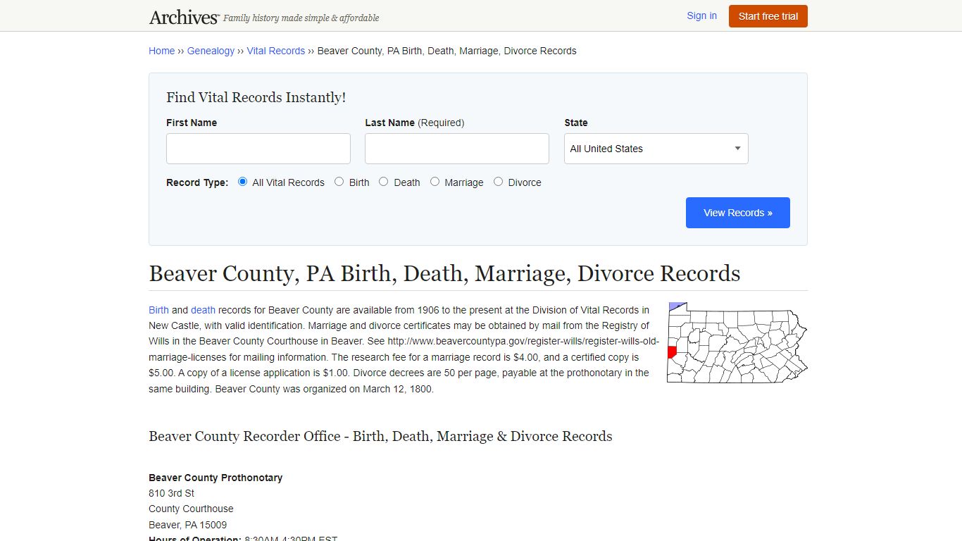 Beaver County, PA Birth, Death, Marriage, Divorce Records - Archives.com